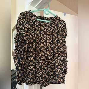 Max Studio Black Floral Peasant Blouse with Ruffle Sleeves